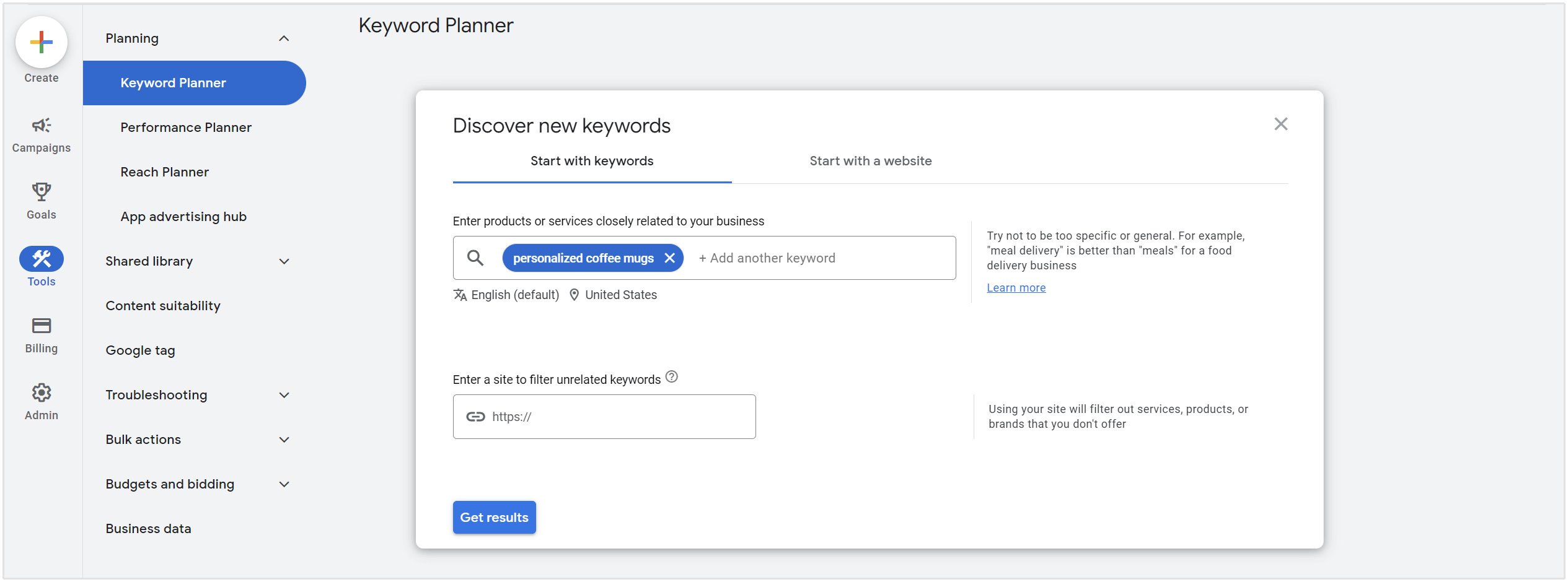 como encontrar palavras-chave de nicho com o planejador de palavras-chave do Google